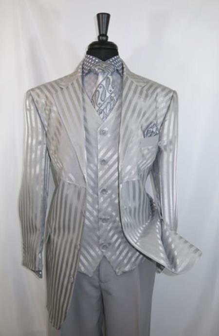 Men's Double Pleated Pants Matching Tone on Tone Satin Stripe Vest  Zoot Suit - Pimp Suit - Zuit Suit Jacket Silver