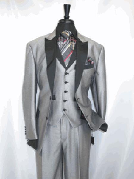 Men's  Peak Sateen Lapel Two Toned Tuxedo Suit Jacket SharkSkin Grey