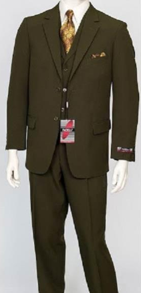 Men's  Olive 3 Piece Regular Fit  Vest Dress Suit Poly Poplin