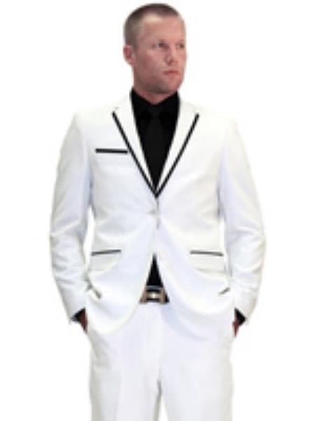 Men's White Tuxedo With Black Trim 100% Luxury Rayon Two Button Jacket 