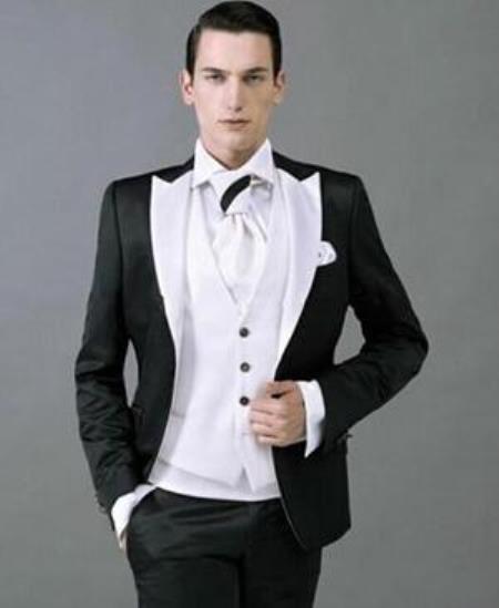 Men's Black and White  Lapel Peak Lapel Vested 3 Piece 1 Button Tuxedo With White Lapel Suit with white vest or black vest
