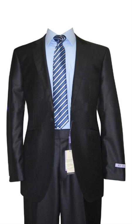 1 Button Peak Lapel Dark Navy Sharkskin Wool & Silk Blend Flat Front Fitted Suit 
