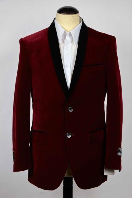 Style#-B6362 Men's Slim Fit 2 Button Cheap Priced Designer Fashion Dress Casual Blazer For Men On Sale Burgundy ~ Wine ~ Maroon Suit And Black Shawl Lapel Blazer