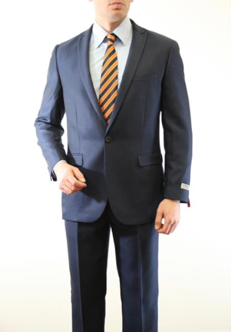 Men's Two Piece Single Button Peak Lapel Wool Fabric Slim Fit Suit Blue 