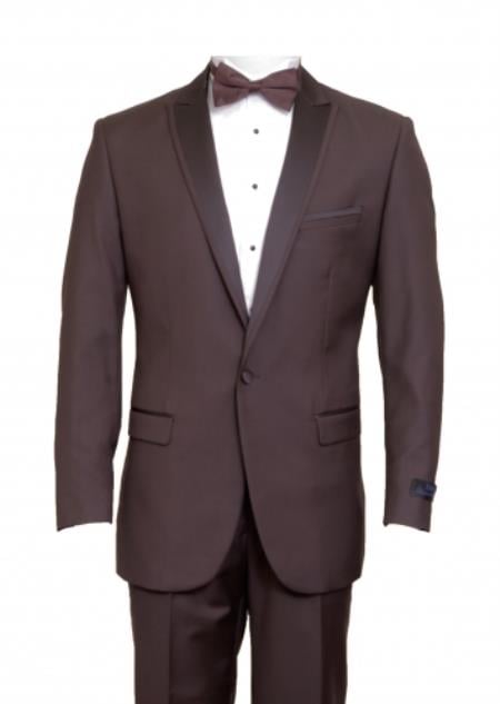 Men's Brown 1 Cover Button Front Closure Slim Fit Suit Peak Lapel Tuxedo Suit - Wide Lapel Tuxedo