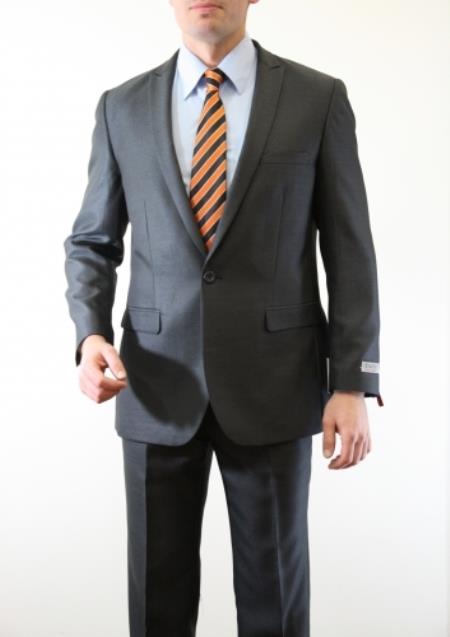 Men's Single Button Peak Lapel Wool Fabric Two Piece Slim Fit Suit Grey 