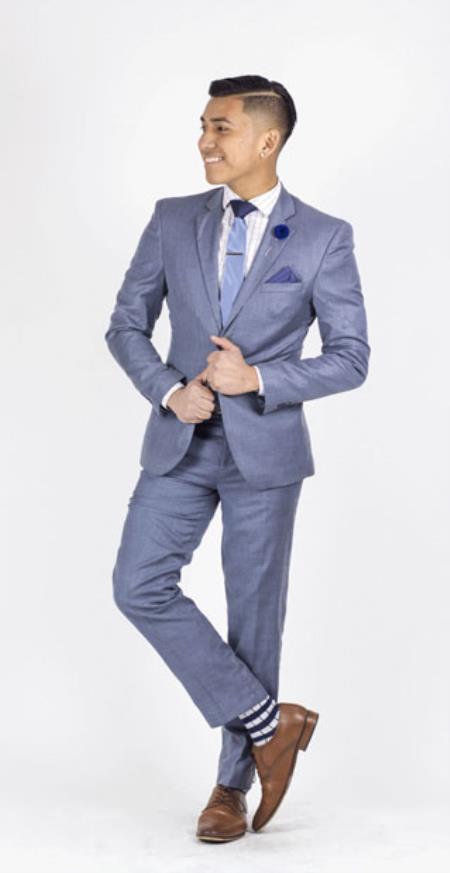Men's  Slim Fit Sharkskin Shiny Vested 3 Piece Suit Light Blue