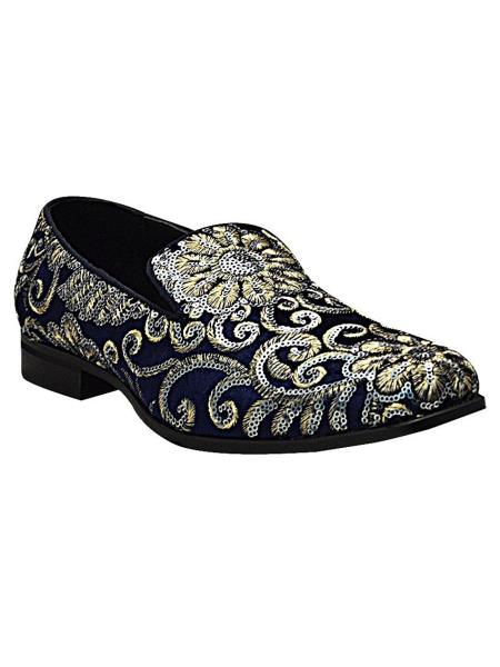 Men's Gold & Silver Embroidered Design Slip On Style Smoker Blue Dress Glitter ~ Sparkly Shoes Sequin Shiny Flashy Look