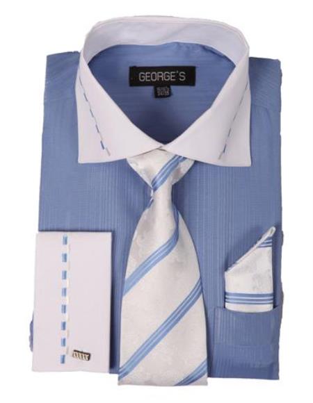 Set with White Collar and French Cuf Blue,Gold Men's Dress Shirt