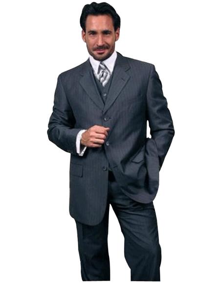 Luxurious Dark Navy Blue With Smooth Pinstripe 3 Piece Vested Business Suits Double Side Vent - Three Piece Suit