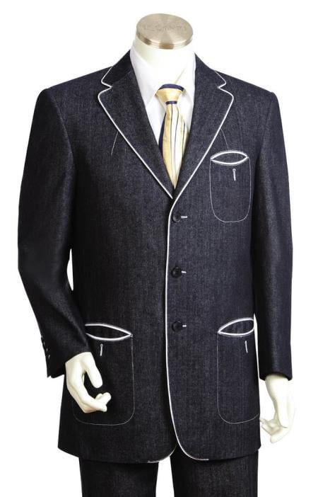 Men's Button Fastener Black Tri Pocket 2pc Suit and Pant