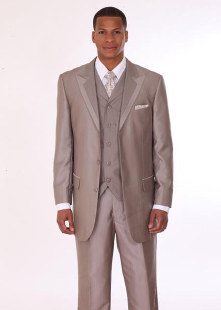 Men's 3 Piece 3 Button Fashion Suit with 2 Tone Lapels Tan ~ Beige - Three Piece Suit