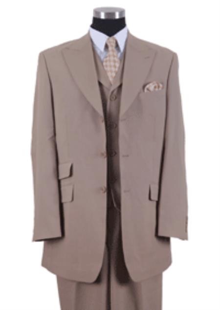 Mens Three Piece Suit - Vested Suit Mens Tan ~ Beige 3 Button Dress Ticket Pocket Suits 