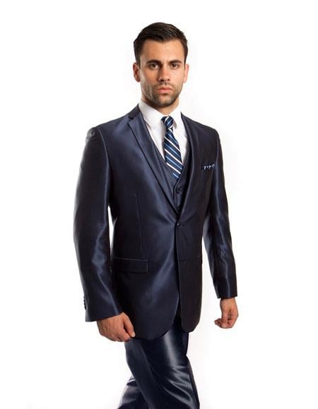 Men's Sharkskin Flashy Metallic Silky Shiny Dark Navy 2 Button  3 Piece Suit Slim Fit Suit