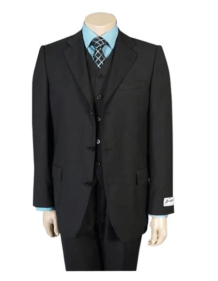 Solid Black Vested 3 ~ Three Piece Suit Super 150's Wool Vested 3 Pieace Light Weight Side