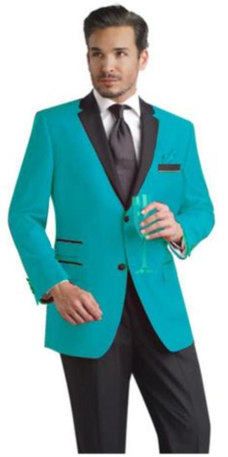 Men's Slim Turquoise ~ Aqua & Black Lapel Tuxedo Dinner Jacket Blazer ~ Sport Coat + Free Black Vest & Black Pants Included