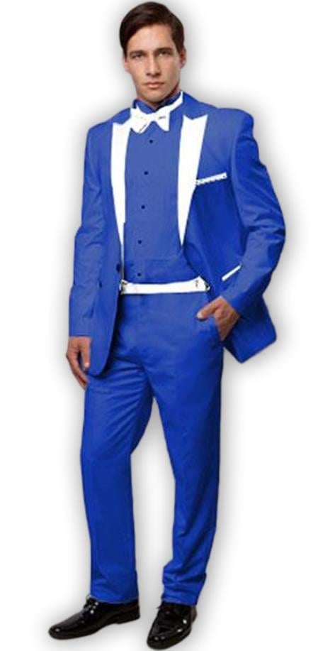 Tux ~ Tuxedo Royal Blue With White Lapel Vested 3 Pieces Dre
