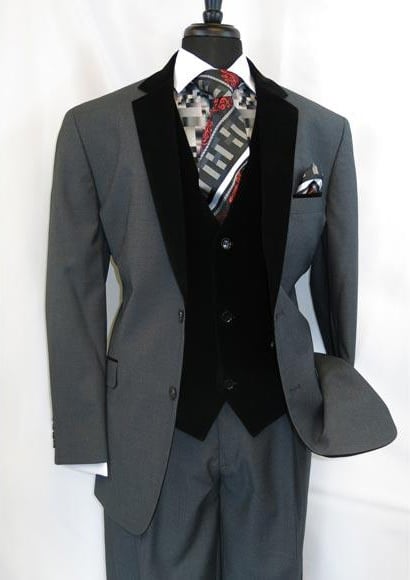 Men's  Two Button Black Velour Velvet Suit Vested Side Vents Tuxedo Black 2 toned Suit
