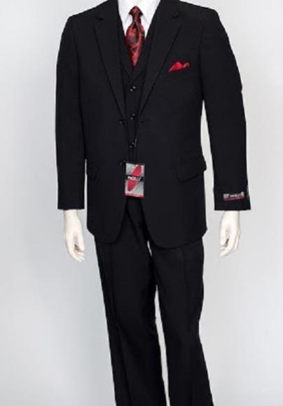 Men's Black Two Button Poly Poplin Dress Suit 3 Piece With Matching Vest & Pleated Pant