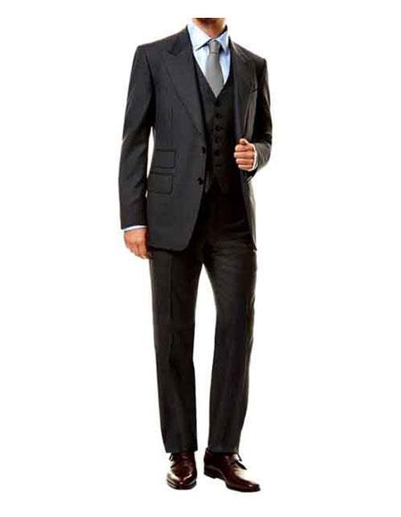 Men's 2 Button  Peak Lapel Black 3 Piece James Bond Outfit