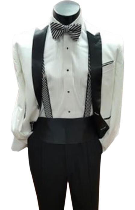 Men's Two Button Closure White Tuxedo Include Black & White Stripe Bow 
