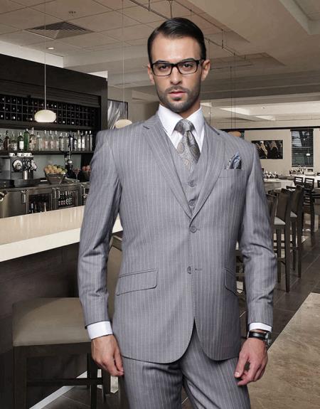 Classic 3PC 2 Buttons Light Gray ~ Grey Stripe ~ Pinstripe (ASH silver Color) Suit Super 150'S Extra Fine Italian Fabric - Three Piece Suit