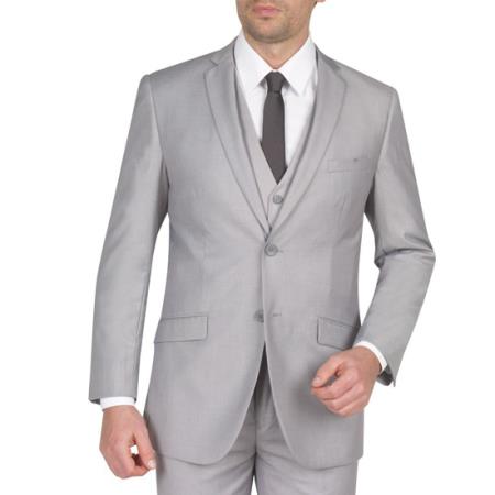 Mens Three Piece Suit - Vested Suit Slim Fit Suit Mens Light Grey thick mandarin banded collar Two Button Suit