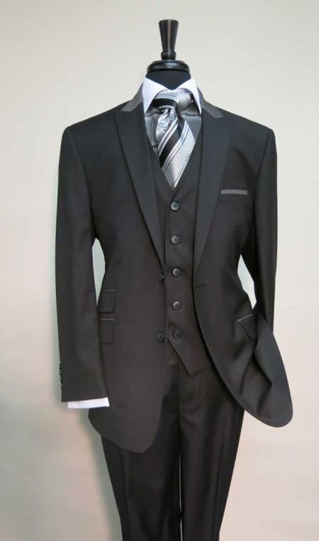 Mens Three Piece Suit - Vested Suit Mens Two Button  Suit Jacket With Matching Vest Black Grey 