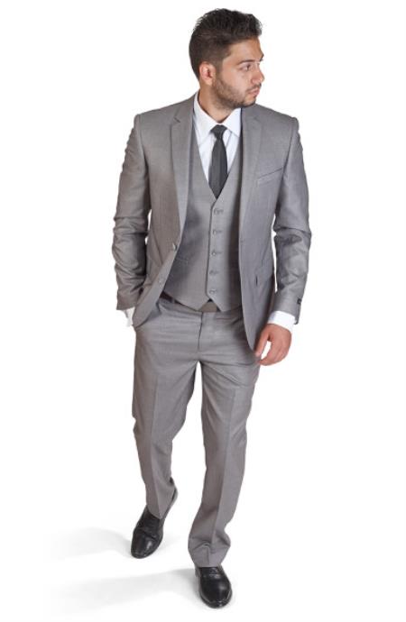 Mens Silver Suit Two Button Slim Fit Men 3 Piece Vested Silver Grey Suit  - Dress Suit For Men