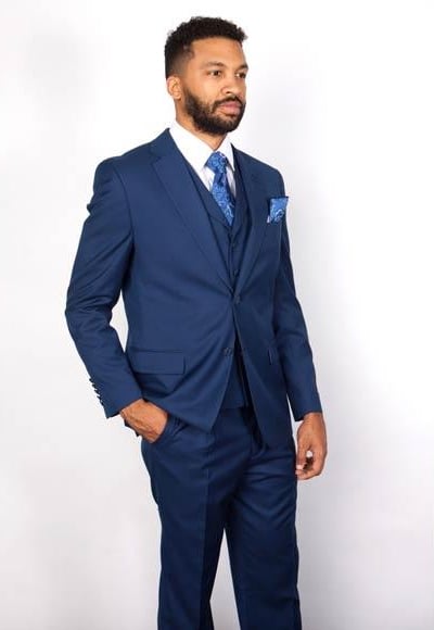 Men's 3 Piece Indigo ~ Bright Blue Blue Vested Suit