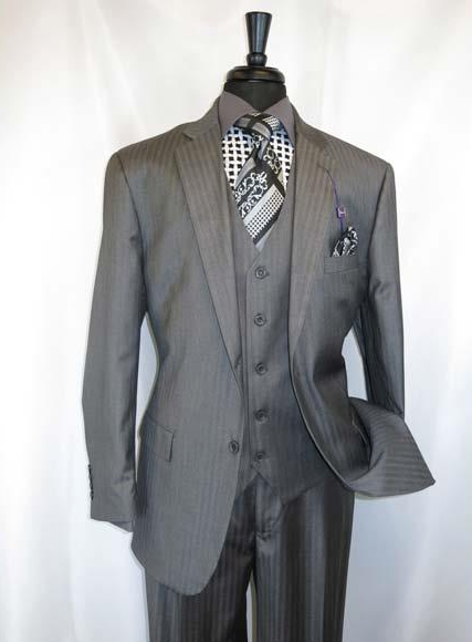 Vinci Men's Shadow Stripe Style Two Buttons Medium Grey  Vested Suit 