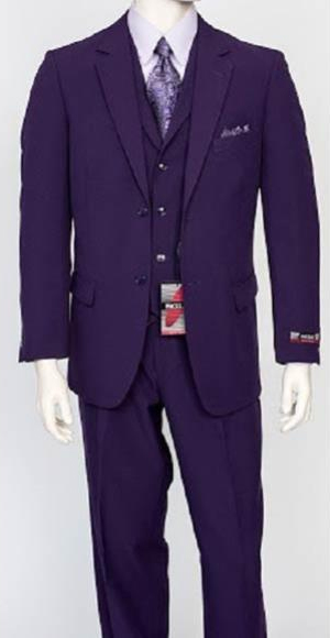 Men's Regular Fit 3 Piece Purple Matching Vest Poly Poplin Dress Suit
