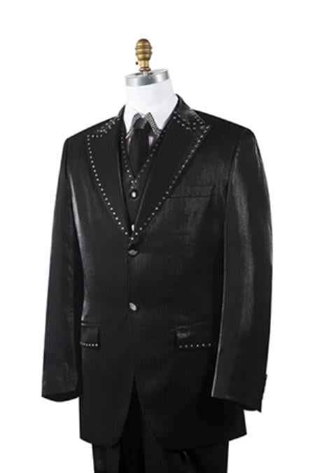Unique 2 Button Trimmed Pleated Pants Vested 3 Piece Men's Suits Black Fashion Tuxedo For Men