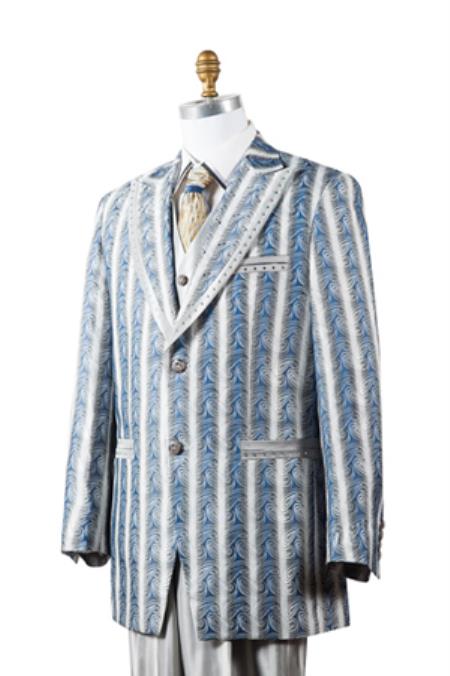 Style#-B6362 Men's Unique Blue - Artistic Stripe ~ Pinstripe  2 Button Vested 3 Piece Fashion Suit Trimmed Pleated Pants Fashion Tuxedo For Men