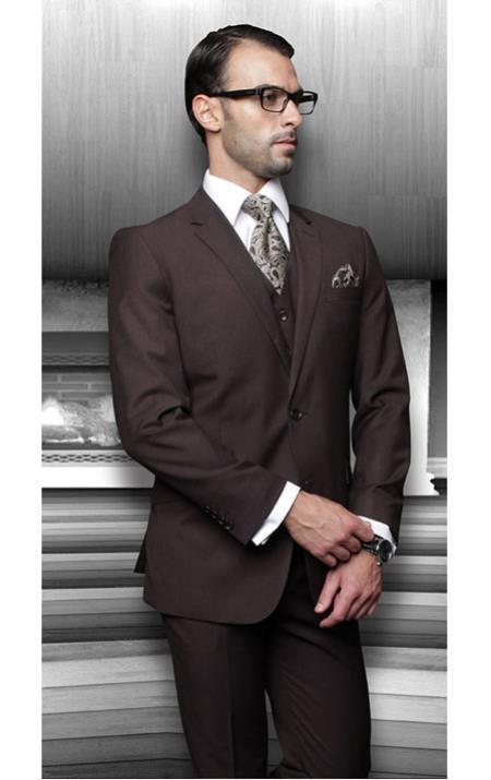 Men's  Solid Brown 3 Piece Suits - Wool