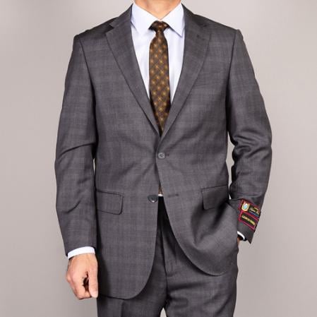 Men's Side Vented Jacket & Flat Front Pants Grey Plaid Two-Button Suit 