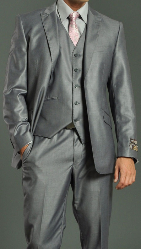 Men's Two Button Vested Shiny Flashy Metallic Light Grey Slim Fit Suit 