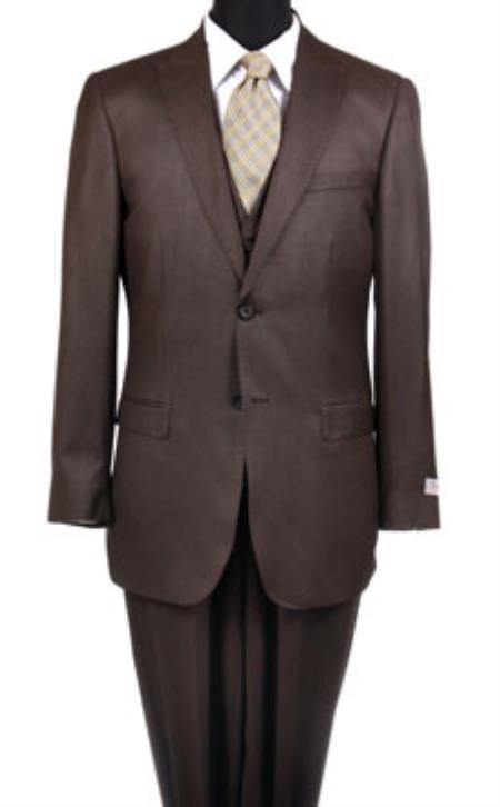 Reg:795 On Sale $249 Two Button Vested Peak Pointed 3PC Suit English Style Lapel Brown Slim Fit