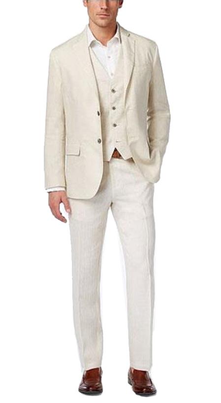 Summer Linen Fabric Vested Three 3 Piece Suit Jacket + Vest+ Pants + Cream ~ Ivory ~ Off White Color by Alberto Nardoni