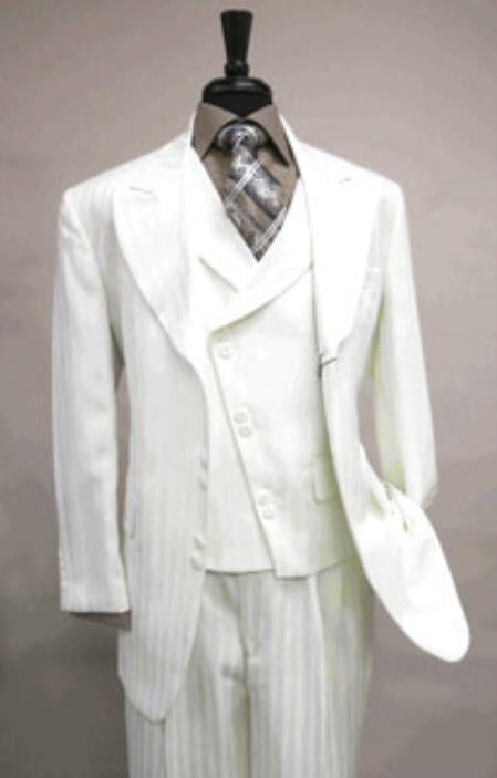 Men's Cream ~ Off White ~ Ivory  Vested 6 button  Suit Jacket Satin Striped with Wide Peak Lapel