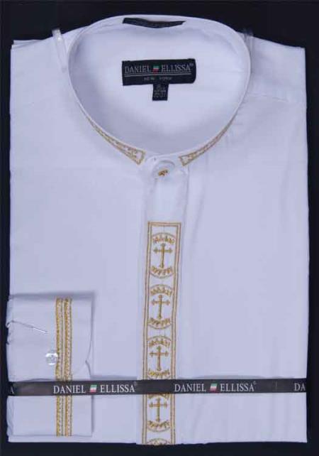 White collarless Banded Collar With Versatile Cross Embroidery Design Men's Dress Shirt