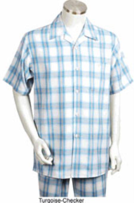 Men's Short Sleeve 2 piece Casual Mens Walking Suit White ~ Turquoise Blue