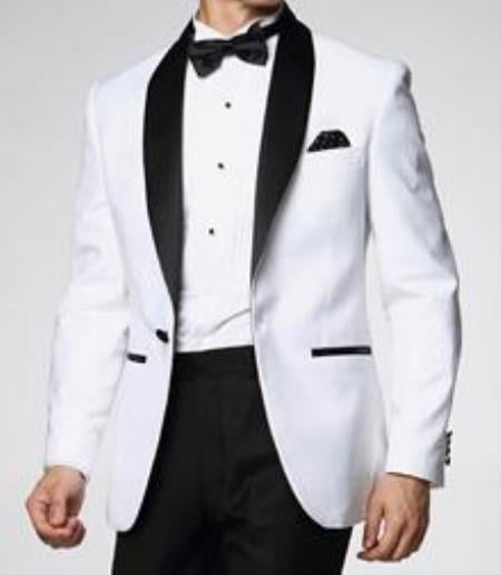 Downtown Pearl White and Black Jacket Fashion Tuxedo For Men - All White Suit 