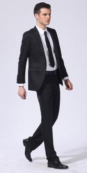 Men's Wool Fabric One Button 2Piece Double-vented Suit Black 