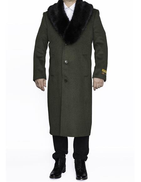 Men's Olive Green Removable Fur Collar Full Length Wool Overcoat