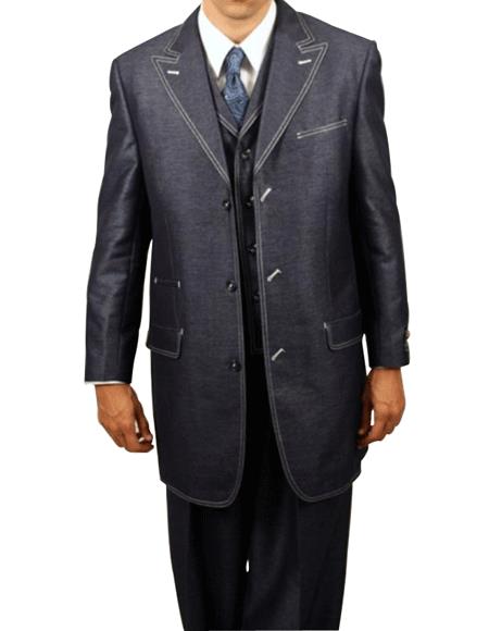 Navy Denim Look 3PC Fashion Zoot Suit 