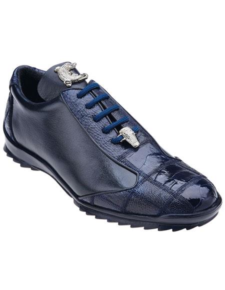 Mens Ostrich Skin Shoes Men's Authentic Genuine Skin Italian Ostrich / Soft Calfskin Navy Blue Casual Dress Sneaker