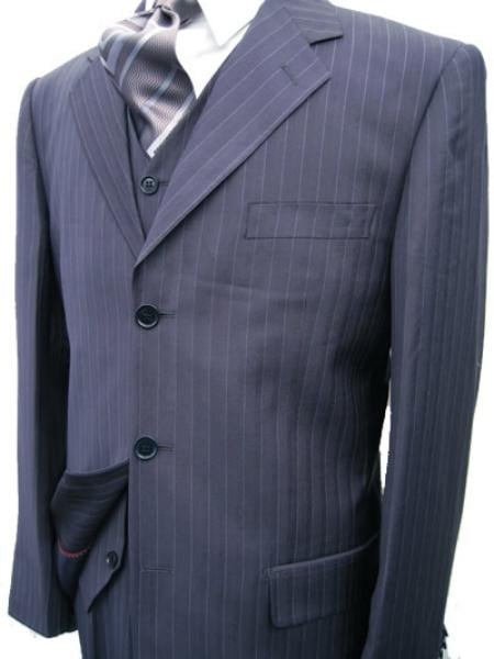 Navy Blue Suit For Men Pinstripe Super 120'S Poly~Rayon Cheap Priced Business Suits Clearance Sale Premier Quality Online Sale Clearance Available In 2 Or 3 Buttons Style Regular Classic Cut