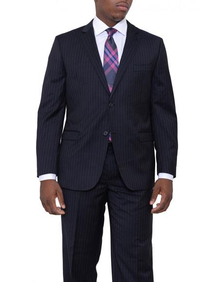 Men's 2 Buttons Dark Navy Blue Suit For Men Pinstriped Classic Fit Wool Suit Flat Front Pants