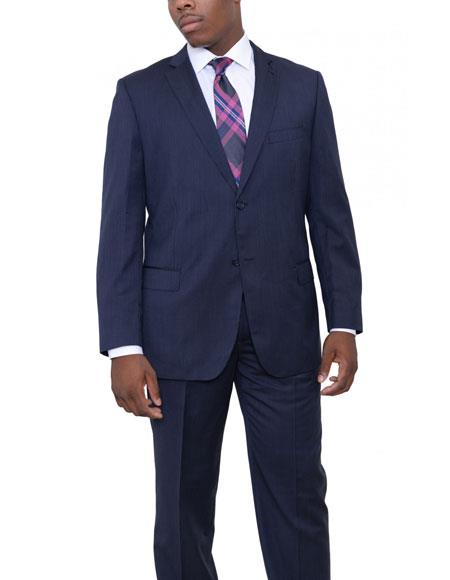 Men's 2 Buttons Classic Fit Wool Dark Navy Blue Suit For Men Pinstriped Suit Flat Front Pants
